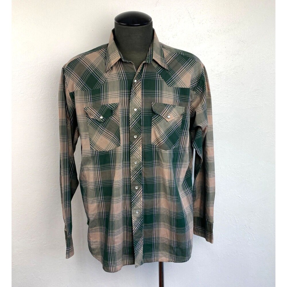 Lee Mens Green Plaid Shirt XL Pearl Snap Cotton Blend Lightweight Western Cowboy